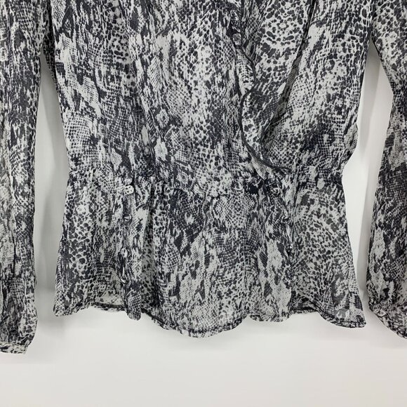 Guess Top Gray Snake Print Sheer Long Sleeve V Neck Ruffle - Picture 5 of 12
